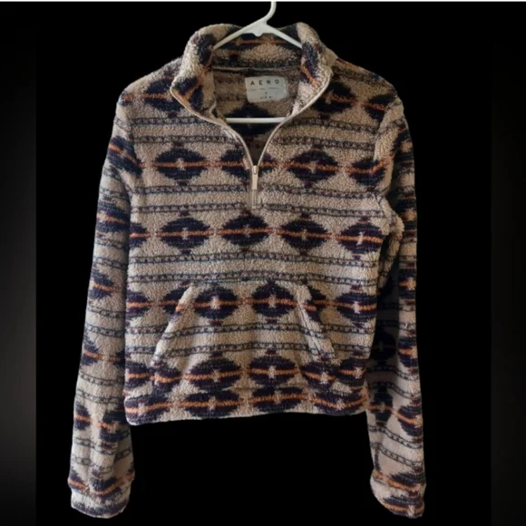 AERO Southwest Quarter Zip Fleece Top Size Medium Tan & Brown - Picture 14 of 14